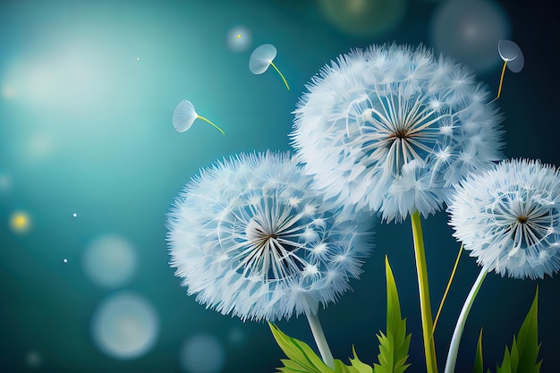 Vector of spring background with white dandelions Generative Ai