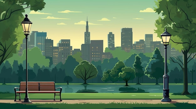 vector stadspark met groene bomen en gras houten banklantaarns en stadsgebouwen op de skyline