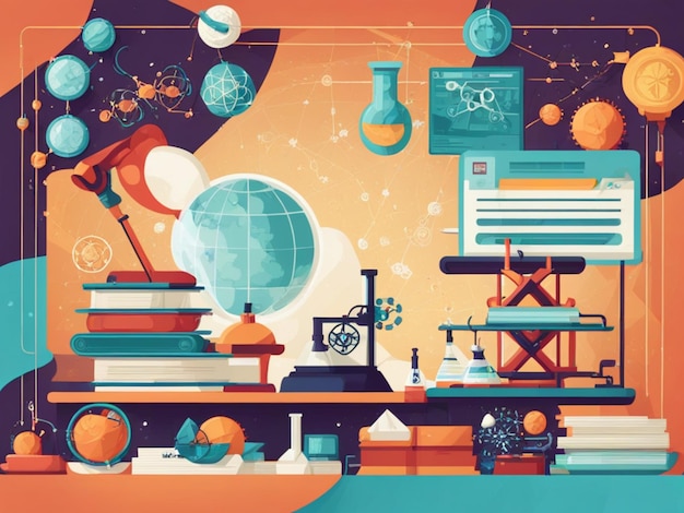 Vector style banner illustration celebrating national science day with scientific symbols