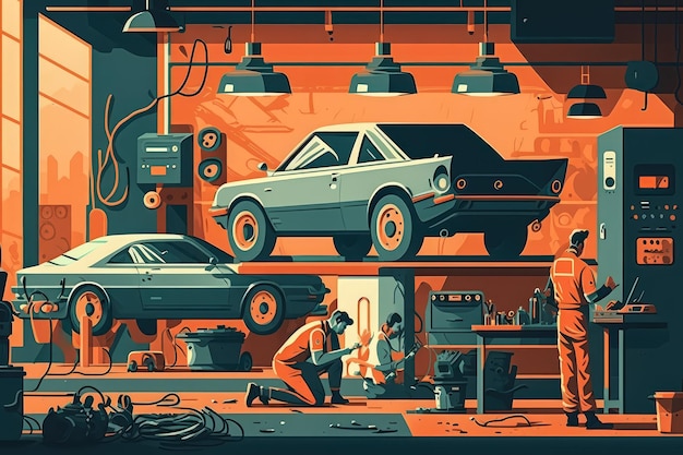 Vector style bustling car repair shop with skilled mechanics working on various vehicles using