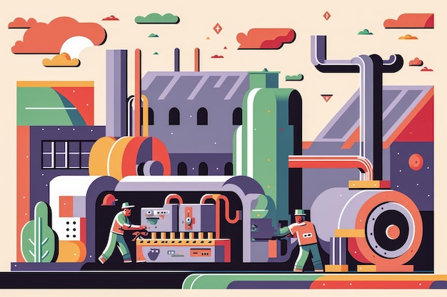 Photo vector style illustration of a plastics manufacturing plant with cartoonish machinery and colorful