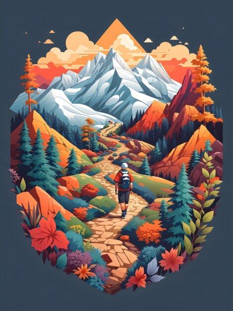 Vector style Mountain scene on white background created with Generative AI