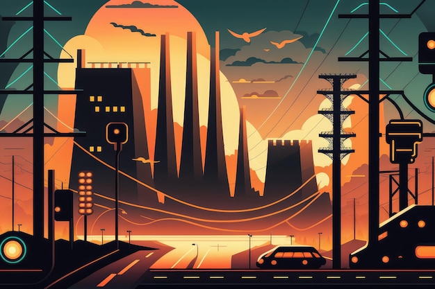 Vector style power plant with a network of highvoltage electricity lines in a futuristic cityscape