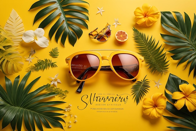 Vector Summer Holiday Illustration on Yellow Background Tropical Plants Flower Suglasses