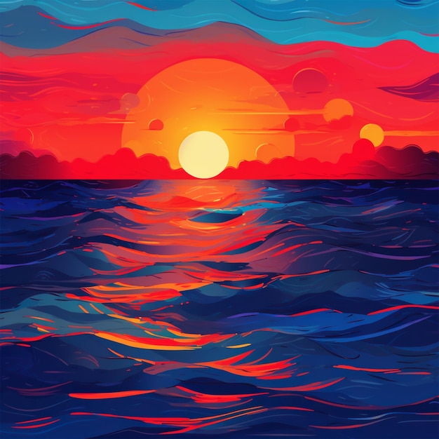 vector sun setting over tranquil blue water vibrant