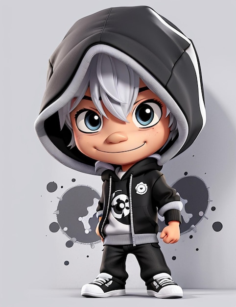 Foto vector t shirt art klaar om te drukken zwart-wit graffiti stijl full body chibi kleine jongen dragen