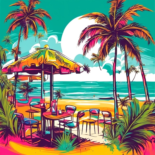 Vector T-shirt kunst klaar om af te drukken Kleurrijke Graffiti-illustratie van een strand met palmbomen en Coc