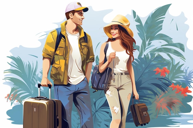 Vector tourist couples with travel bags illustration