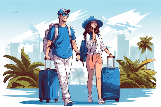 Vector tourist couples with travel bags illustration