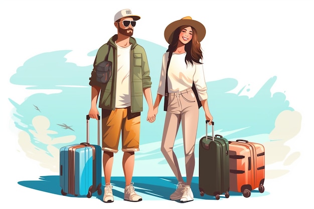 Vector tourist couples with travel bags illustration