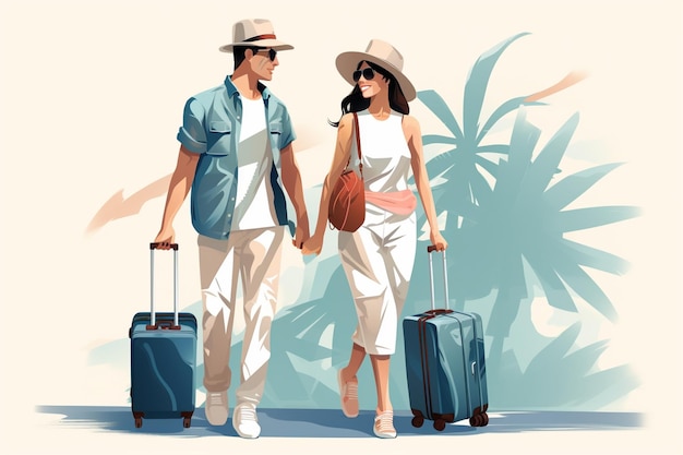 Vector tourist couples with travel bags illustration