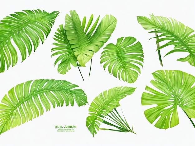 トロピカル・パーム・リーフ (Tropical palm leaf) は白い実在的な緑色の夏の植物の木のセットに分離された熱帯の枝です
