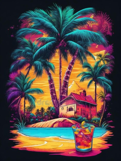 Vector tshirt art ready for print colorful graffiti illustration of a beach