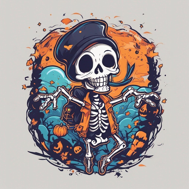 vector tshirt design illustration kawaii skeleton celebrating halloween high detail