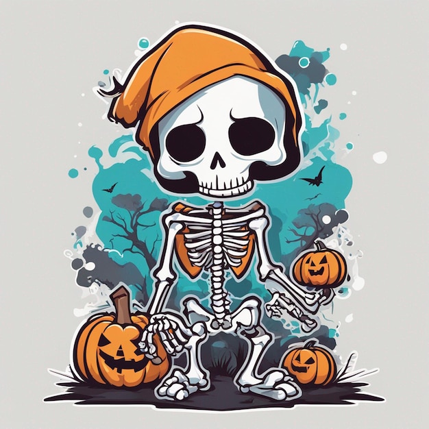 vector tshirt design illustration kawaii skeleton celebrating halloween high detail