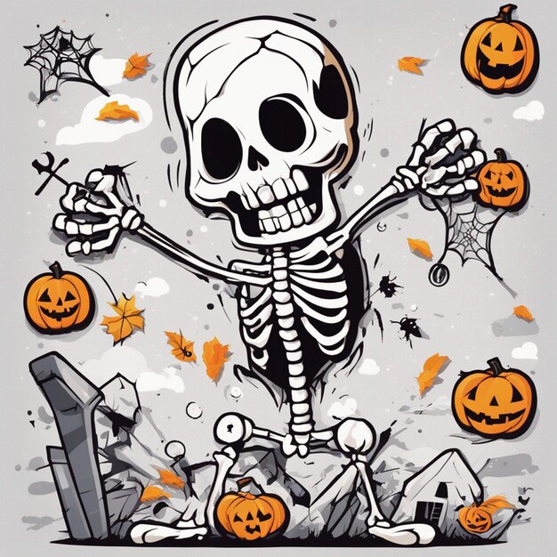 Photo vector tshirt design illustration kawaii skeleton celebrating halloween high detail