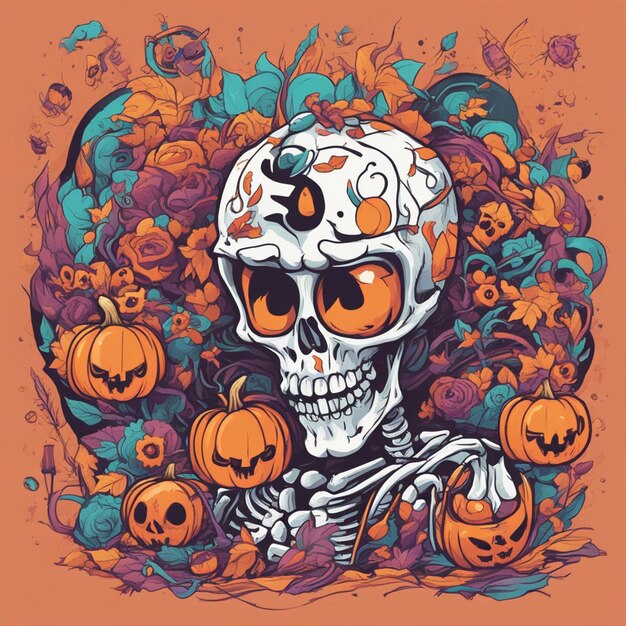 vector tshirt design illustration kawaii skeleton celebrating halloween high detail