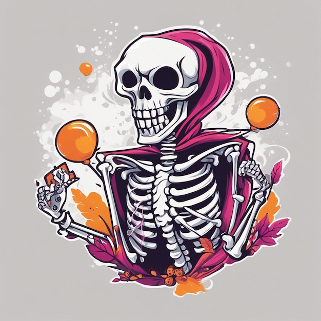 vector tshirt design illustration kawaii skeleton celebrating halloween high detail