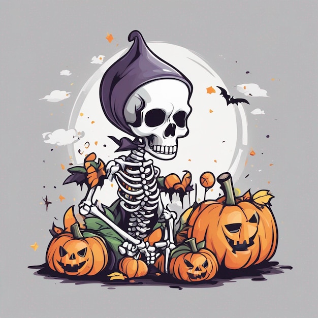 векторная иллюстрация дизайна футболки каваи скелет празднование хэллоуина высокая детализация