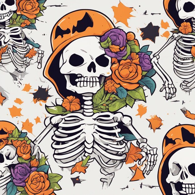 Vector tshirt design illustration kawaii skeleton celebrating halloween high detail