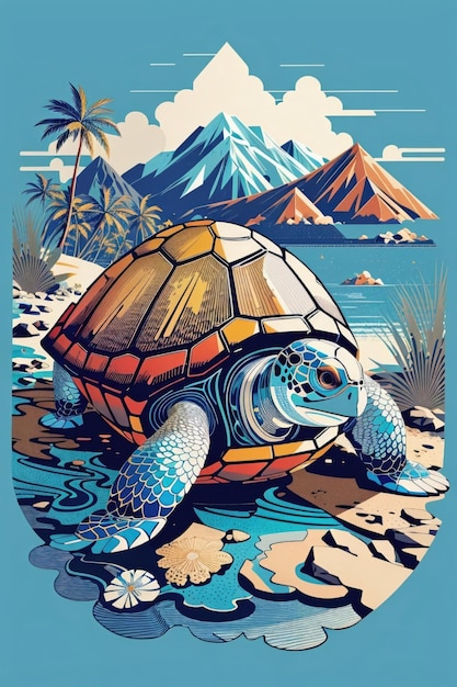 Vector Tshirt Design Turtle Riding the Wave