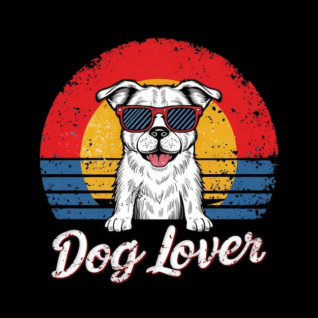 Foto vector tshirt design vintage retro sunset distressed con cute dog che indossa occhiali da sole e dog lover