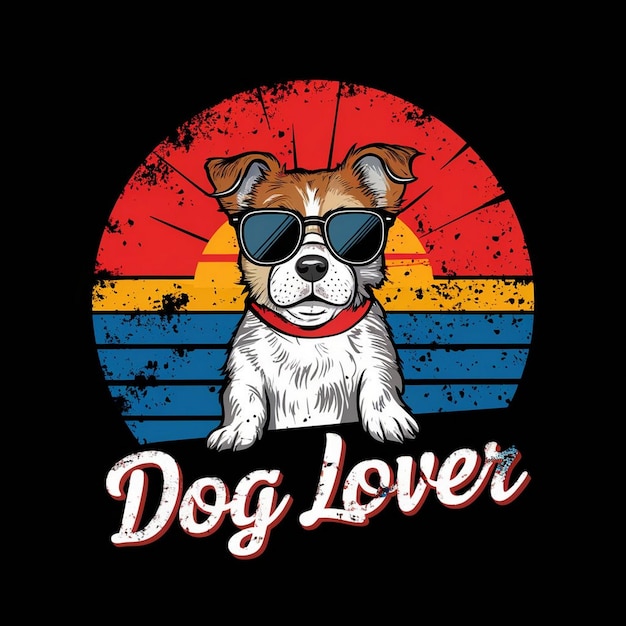 Vector Tshirt Design Vintage Retro Sunset in nood met schattige hond met zonnebril en hondenliefhebber