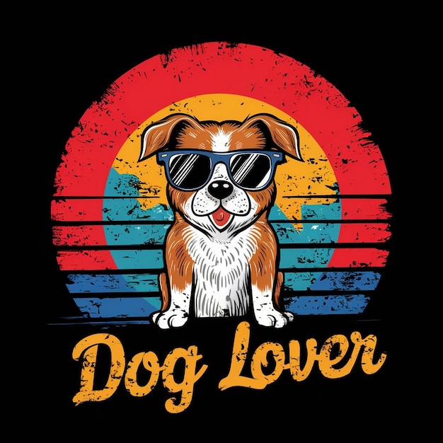 Vector Tshirt Design Vintage Retro Sunset in nood met schattige hond met zonnebril en hondenliefhebber