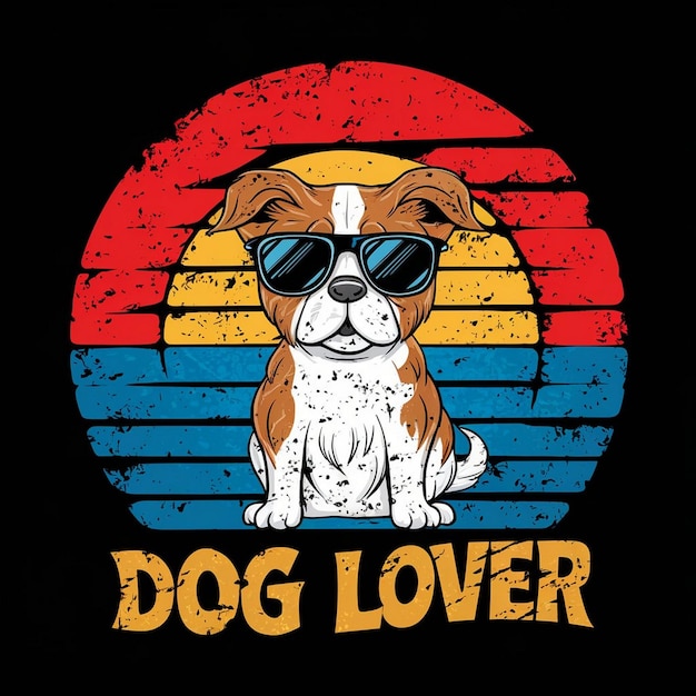 Vector Tshirt Design Vintage Retro Sunset in nood met schattige hond met zonnebril en hondenliefhebber