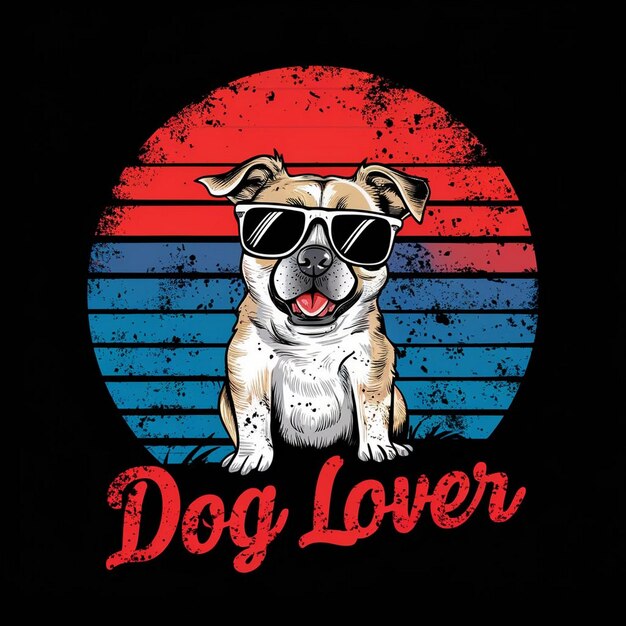 Vector Tshirt Design Vintage Retro Sunset in nood met schattige hond met zonnebril en hondenliefhebber