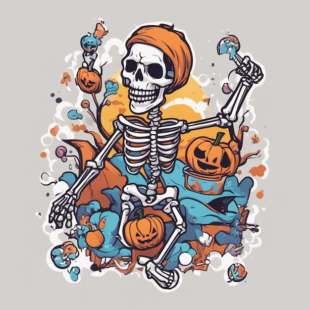 vector tshirt ontwerp illustratie kawaii skelet viert halloween hoog detail