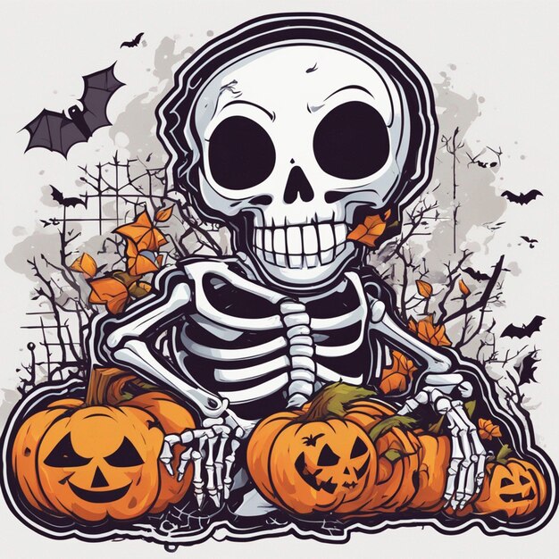 Foto vector tshirt ontwerp illustratie kawaii skelet viert halloween hoog detail