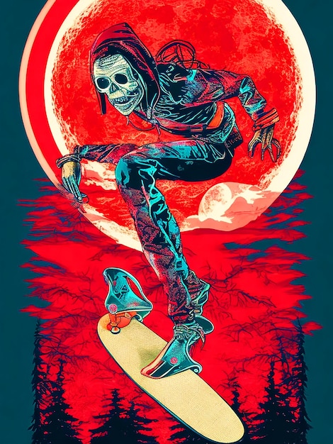 Photo vector tshit art ready to print colorful lustration zombi on a skateboard halloween theme back