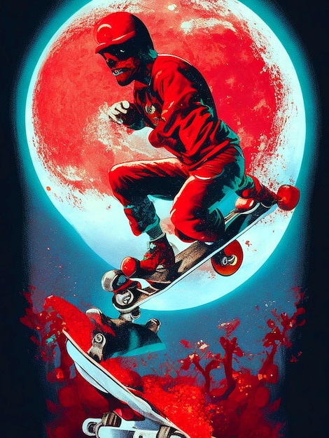 Photo vector tshit art ready to print colorful lustration zombi on a skateboard halloween theme back