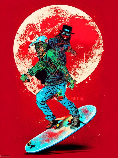 Photo vector tshit art ready to print colorful lustration zombi on a skateboard halloween theme back