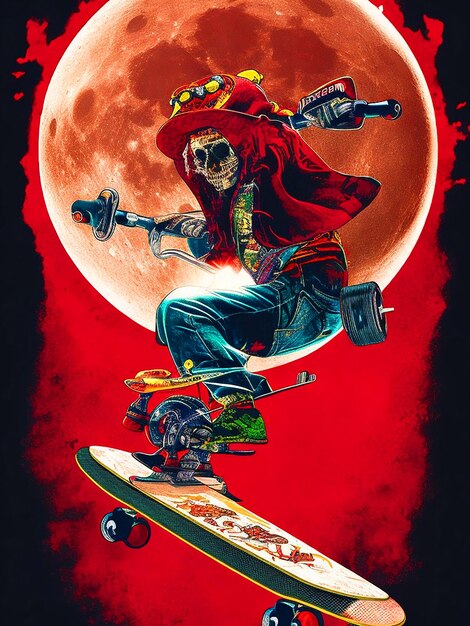 Photo vector tshit art ready to print colorful lustration zombi on a skateboard halloween theme back