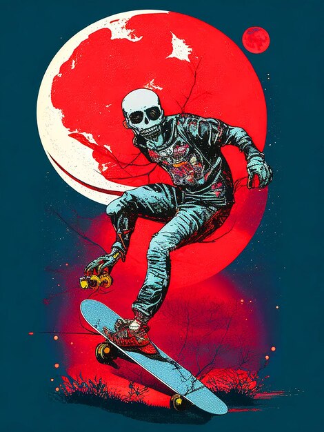 Photo vector tshit art ready to print colorful lustration zombi on a skateboard halloween theme back