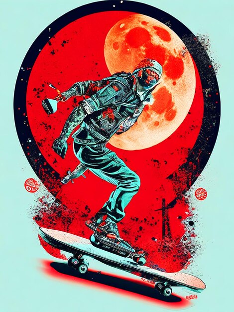 vector tshit art ready to print colorful lustration zombi on a skateboard Halloween theme back