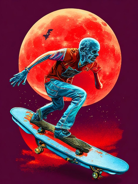 vector tshit art ready to print colorful lustration zombi on a skateboard Halloween theme back