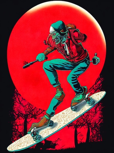 스케이트보드에 다채로운 루스트레이션 좀비를 인쇄 할 준비가 된 터 shit 예술 할로윈 테마