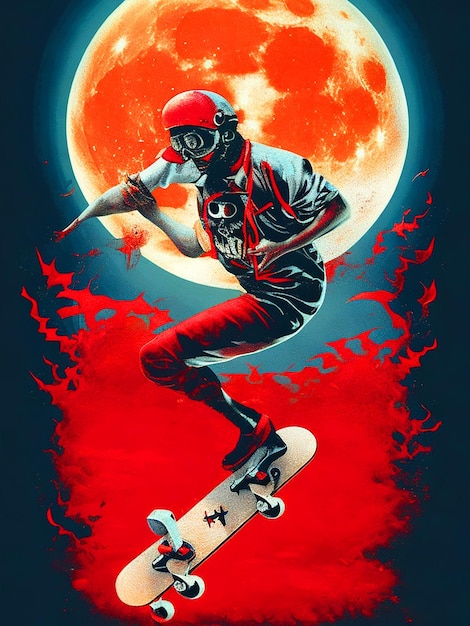 Photo vector tshit art ready to print colorful lustration zombi on a skateboard halloween theme back