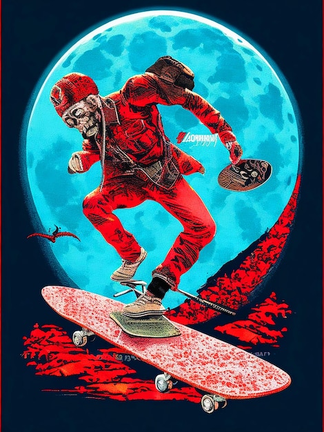 Photo vector tshit art ready to print colorful lustration zombi on a skateboard halloween theme back