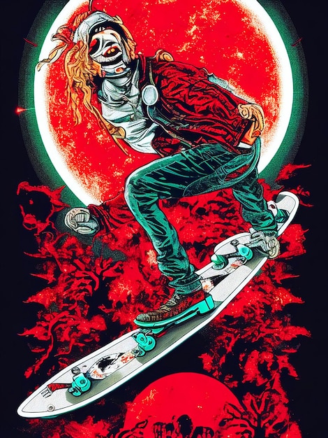 Photo vector tshit art ready to print colorful lustration zombi on a skateboard halloween theme back