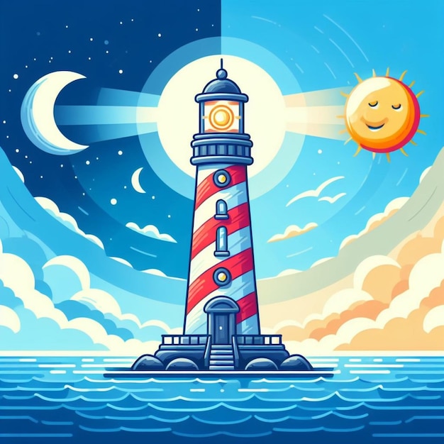 Vector vuurtoren in de oceaan dag en nacht maan en zon