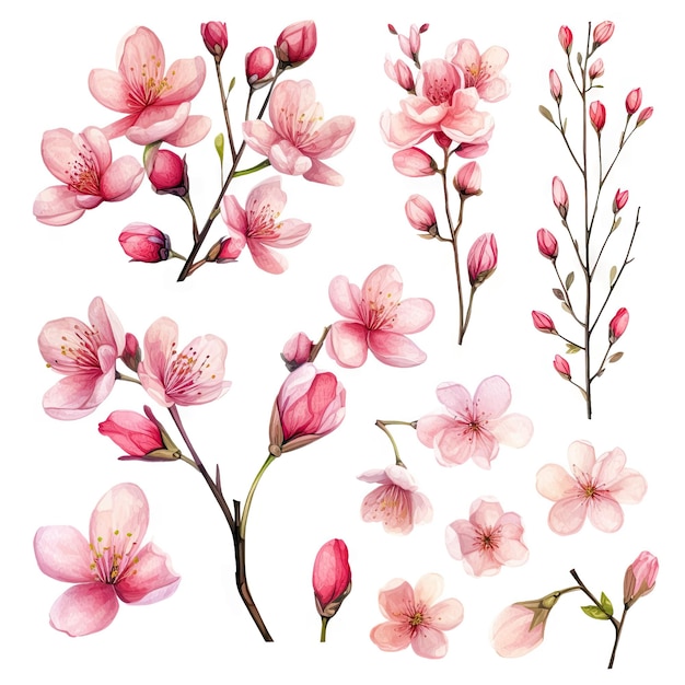 Photo vector watercolor cherry blossom collection