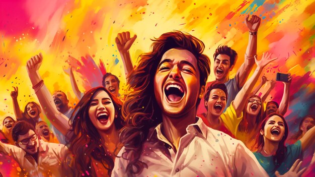 Vector watercolor illustration of happy people dancing on holi dust in india