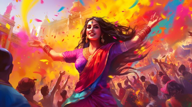 Vector watercolor illustration of happy people dancing on holi dust in india