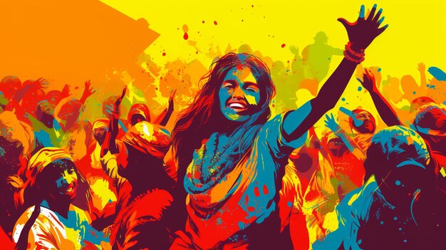 Vector watercolor illustration of happy people dancing on holi dust in india