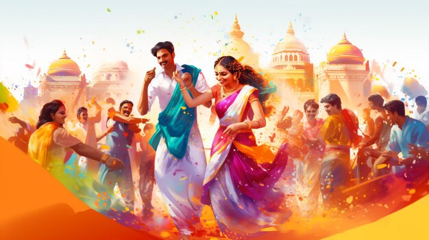 Vector watercolor illustration of happy people dancing on holi dust in india