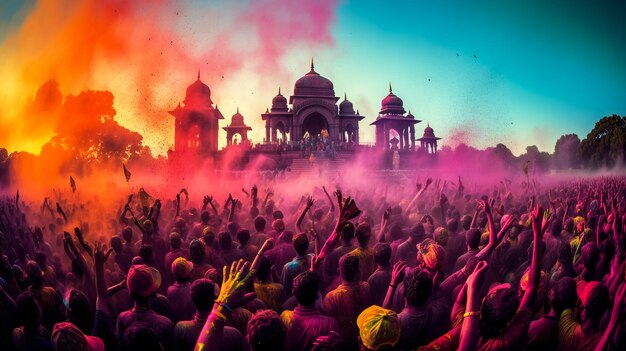 Vector watercolor illustration of happy people dancing on holi dust in india